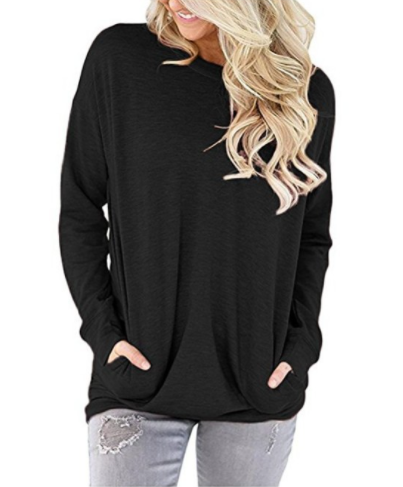 Women's Solid Color Loose Crew Neck Bat Sleeve T-Shirt