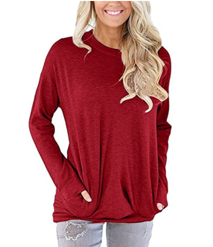 Women's Solid Color Loose Crew Neck Bat Sleeve T-Shirt
