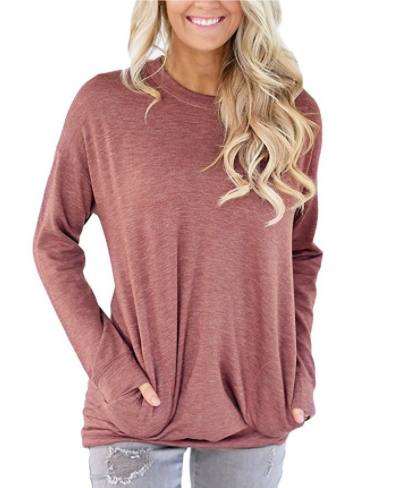 Women's Solid Color Loose Crew Neck Bat Sleeve T-Shirt