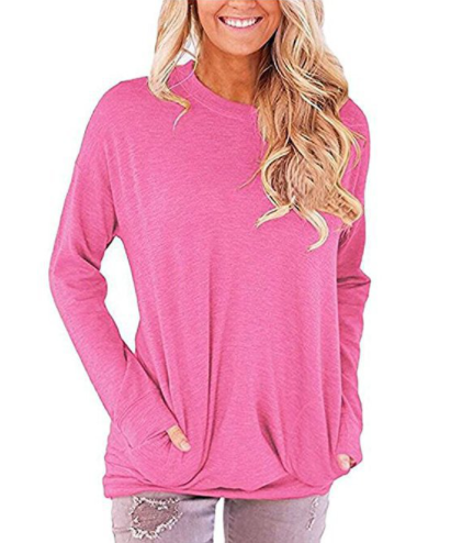 Women's Solid Color Loose Crew Neck Bat Sleeve T-Shirt