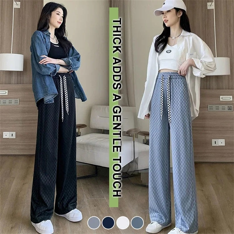 Ice Silk Checkered Wide Leg Pants