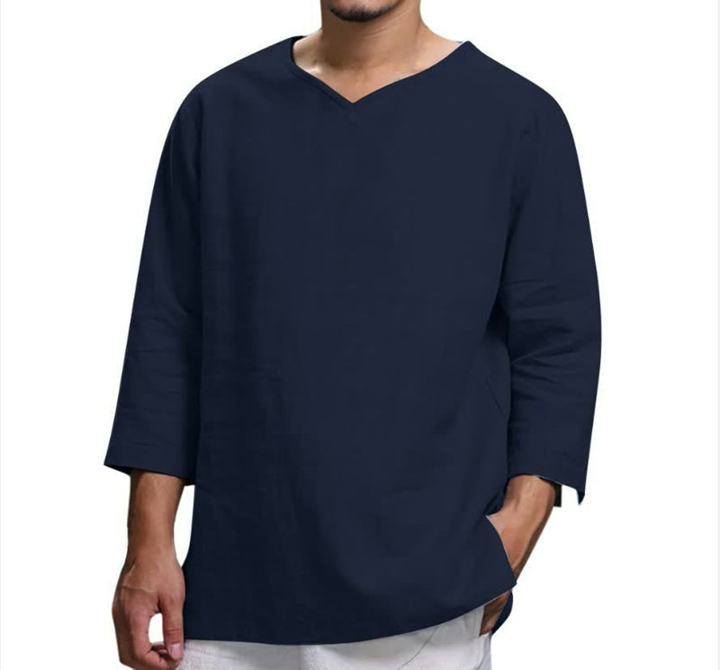 Men's Long-sleeved V-neck Linen Loose Shirt
