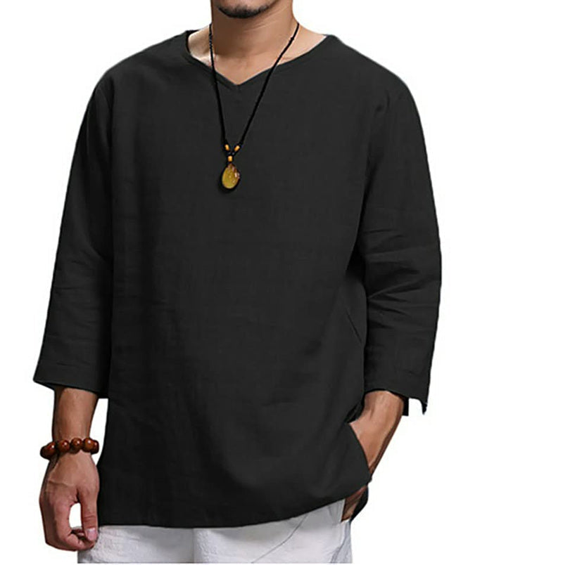 Men's Long-sleeved V-neck Linen Loose Shirt