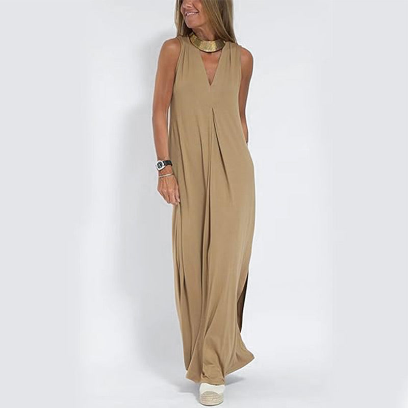 Buy 2 free shipping Sleeveless Deep V-Neck Loose Maxi Dress
