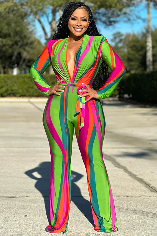 DEEP V-NECK SHOULDER PAD PATTERN PRINT LONG-SLEEVE JUMPSUIT