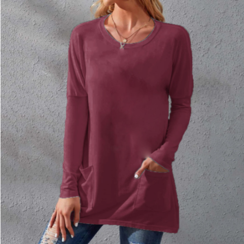 Women Casual Long Sleeve T-Shirt with Round Neck Pocket
