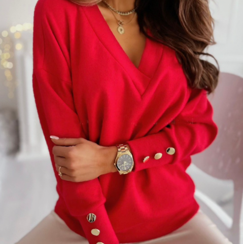 Solid Color Cuff Button Top V-Neck Knit Sweater