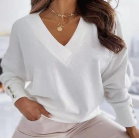 Solid Color Cuff Button Top V-Neck Knit Sweater