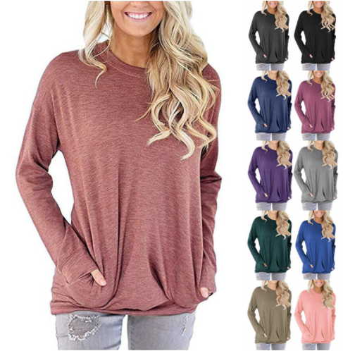 Women's Solid Color Loose Crew Neck Bat Sleeve T-Shirt