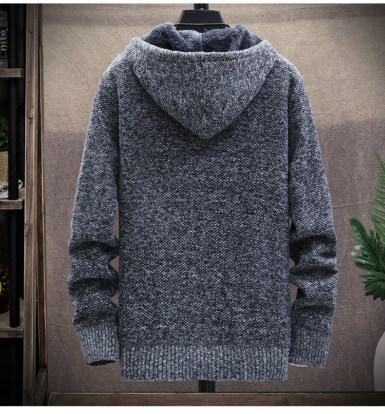 Men's hooded cardigan zipper knitted fleece thick coat