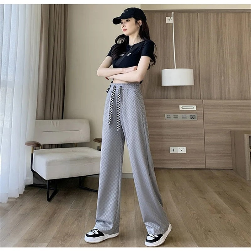 Ice Silk Checkered Wide Leg Pants