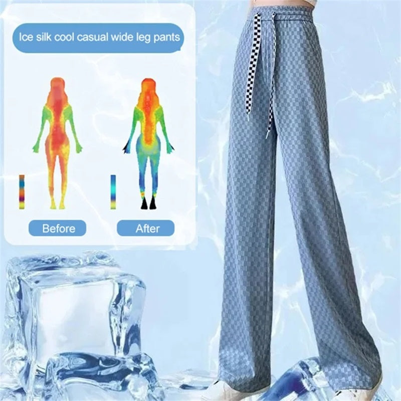 Ice Silk Checkered Wide Leg Pants