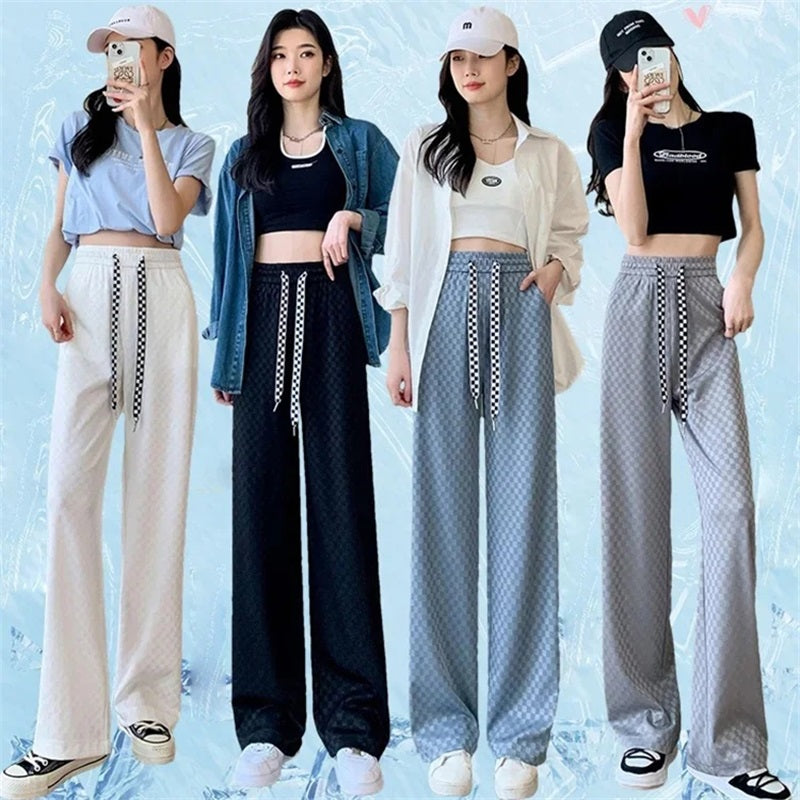 Ice Silk Checkered Wide Leg Pants