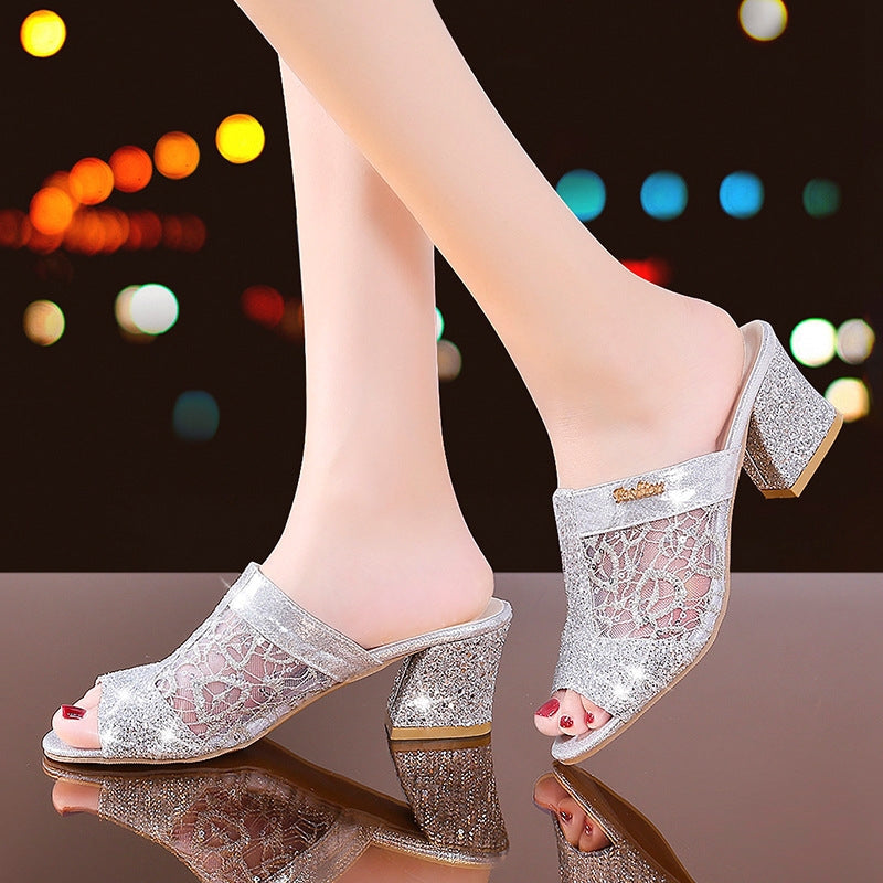 Mesh Thick Heel Sandals Summer Fish Mouth With Sequins Large Size High Heel