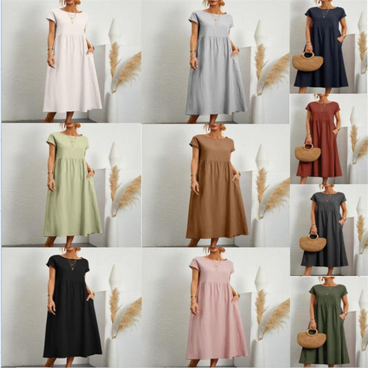 🔥Last Day Sale 49%🔥Spring Fashion Solid Color Cotton Linen Pocket Dress(Buy 2 free shipping)